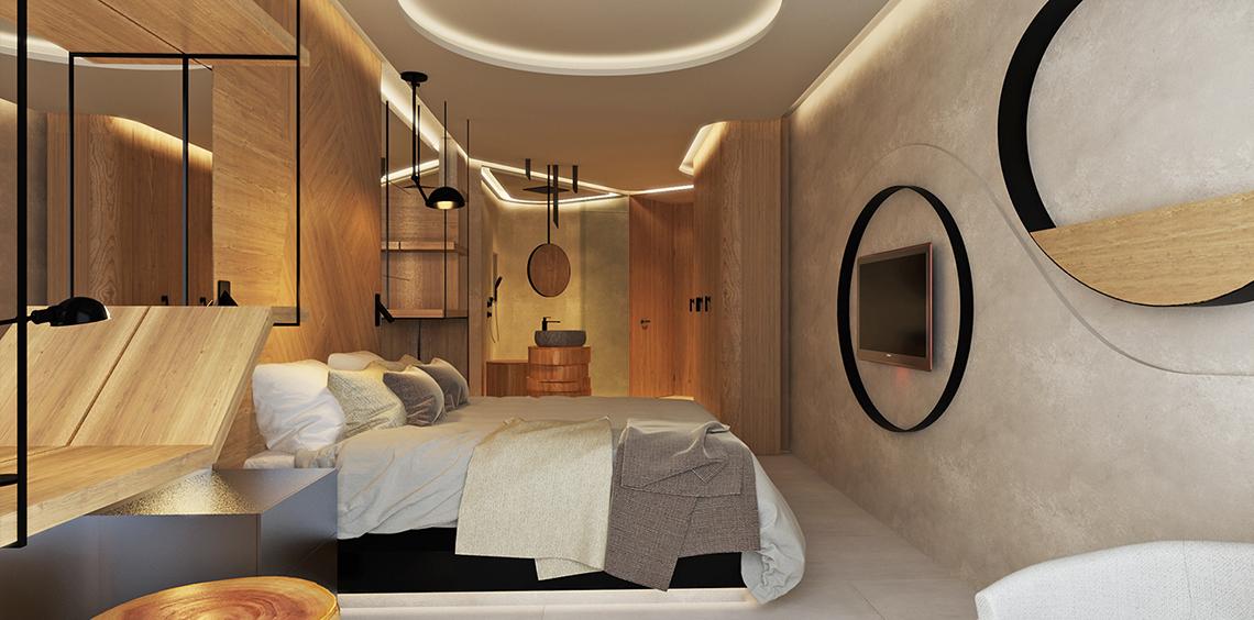 Innenansicht eines Schlafzimmers im Faro, a Lopesan Collection Hotel mit Bett, Nachttischen und dekorativen Wandelementen.