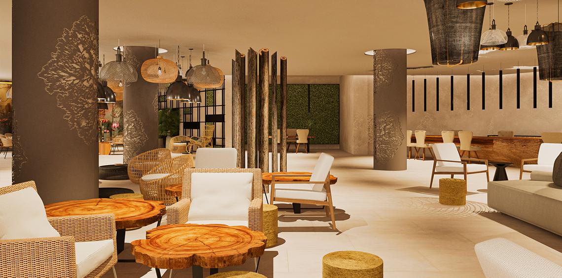 Innenbereich des Faro, a Lopesan Collection Hotel mit modernen Möbeln und dekorativen Elementen.