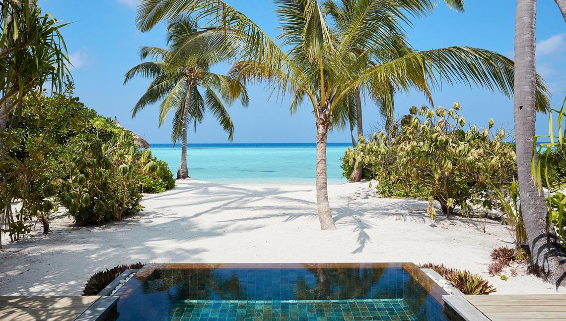 Privatpool am Strand des Amari Havodda Maldives mit Palmen und Meer im Hintergrund