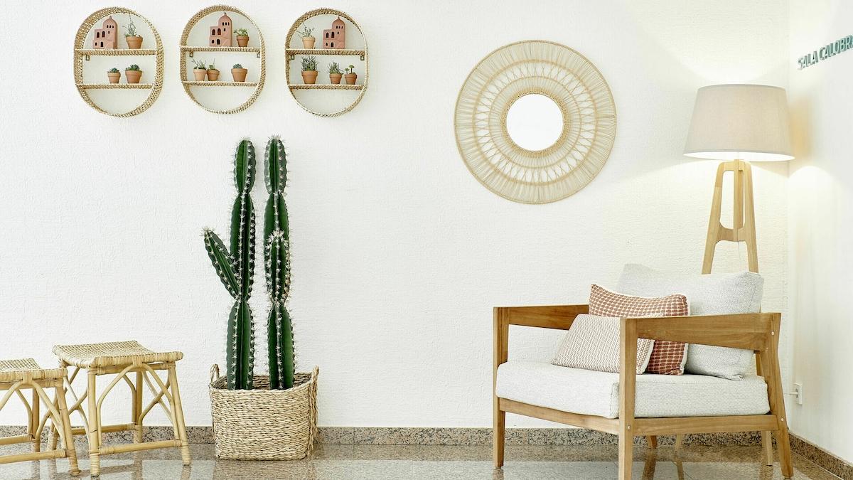 Inneneinrichtung mit Kaktus, Stuhl, Lampen und Regalen an einer weißen Wand.