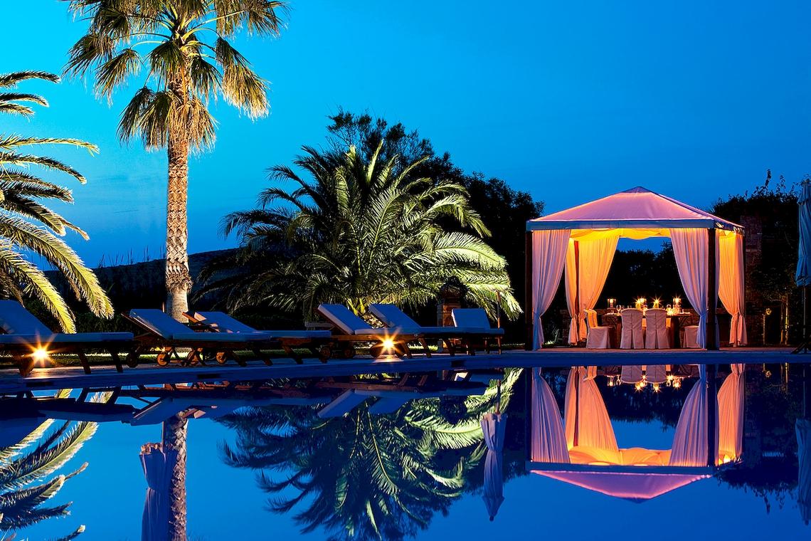 Nachtansicht des Pools mit illuminierten Sonnenschirmen und Lounge-Sesseln im Yria Island Boutique Hotel & Spa.