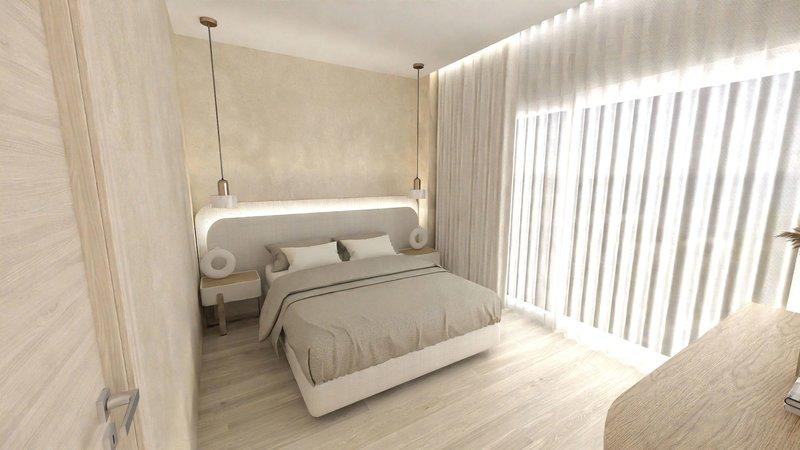 Ein modernes Schlafzimmer mit hellen Holzböden, weißen Wänden und einem großen Bett mit grauer Bettwäsche.