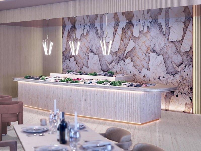 Fischbuffet im Sheraton Doha Resort Convention Hotel mit Marmorwand und modernen Kronleuchtern.