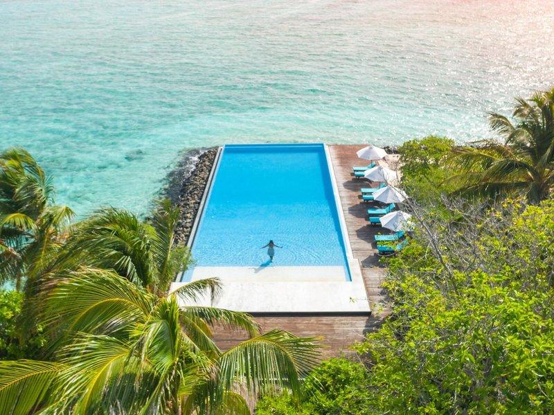 Luftaufnahme des Infinity-Pools im Summer Island Maldives mit einer Person im Wasser.