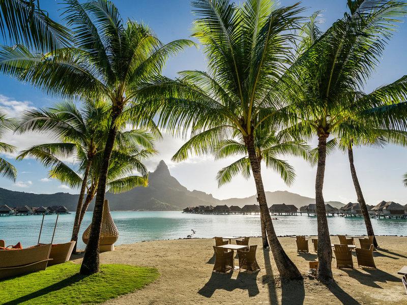 Strand des InterContinental Bora Bora Resort and Thalasso Spa mit Palmen und Blick auf die Bucht