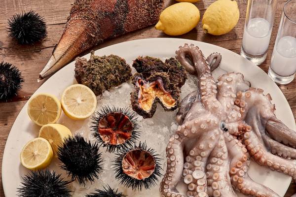 Essen auf Eis mit Oktopus, Seeigeln, Zitronenscheiben und weiteren Meeresfrüchten.