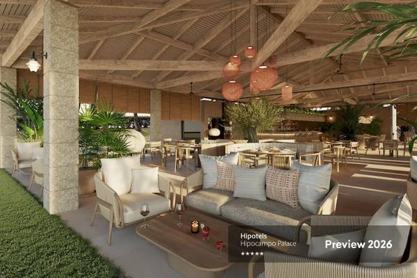 Vorschau von Hipotels Hipocampo Palace im Jahr 2026 mit Innenarchitektur des Restaurants.