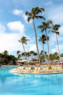 Ein Swimmingpool im Sunscape Dominicus La Romana Hotel mit vielen Palmen und Sonnenliegen.