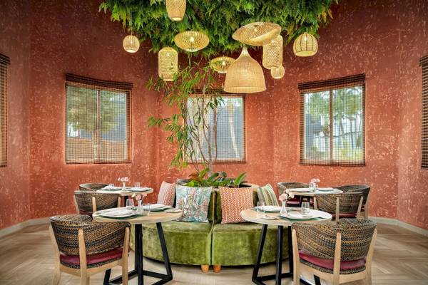 Innenansicht des Restaurants im Sunscape Dominicus La Romana Hotel mit grünem Sofa, Tisch, Pflanzen und hängenden Lampen.