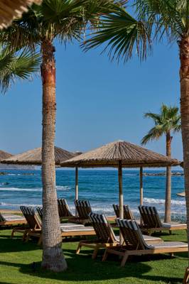 Strand-Lounge-Stuhle unter Palmenbaumen am Atlantica Kalliston Resort.