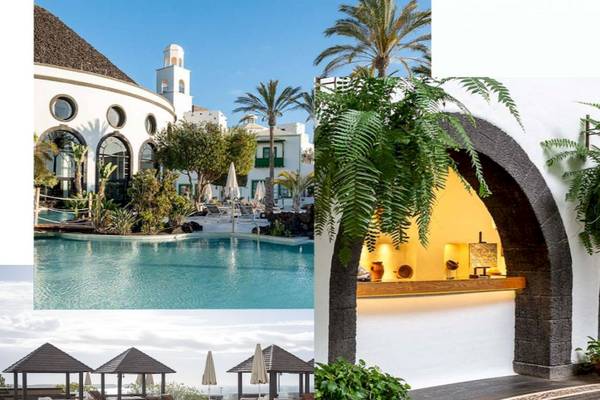 Livvo Volcan Lanzarote Hotel zeigt Pool, Terrassen und Gebäude.