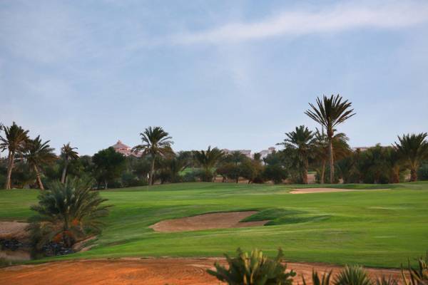 Golfplatz im Moevenpick Resort & Spa El Gouna mit gruenem Rasen und Palmen.