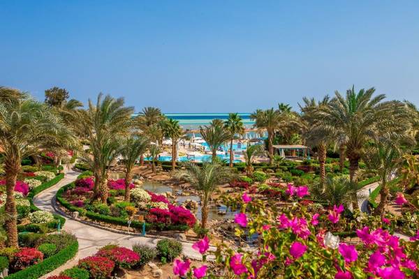 Außenbereich des Mövenpick Resort & Spa El Gouna mit Palmen, Blumen und Blick auf das Meer