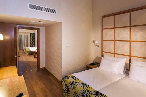 Doppelzimmer mit Aussicht im Defne Defnem Hotel mit Bett, Fernseher und offener Tür.