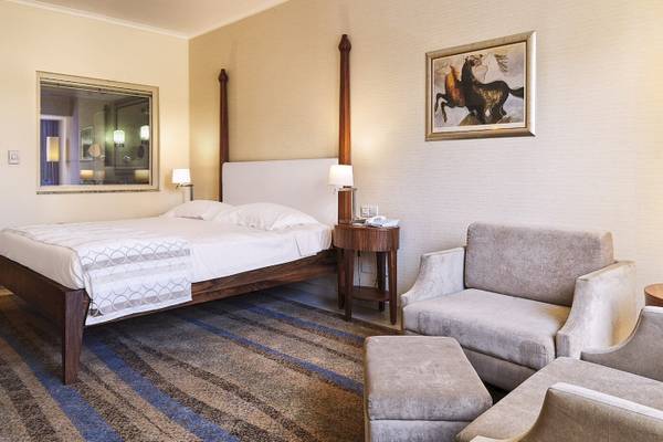 Schlafzimmer im Alexander The Great Hotel mit Bett, Nachttischen und Möbeln.