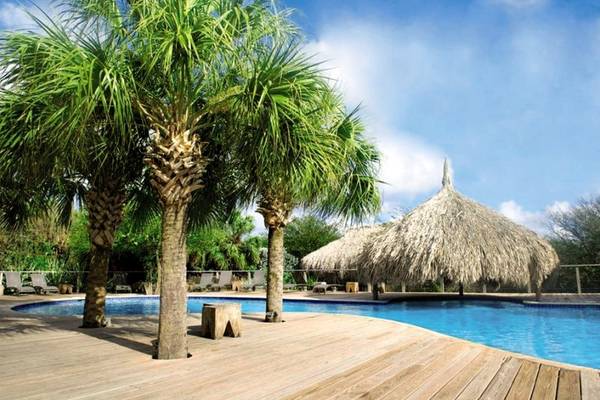 Poolbereich im Morena Eco Resort mit Palmen und Strohdach-Bar
