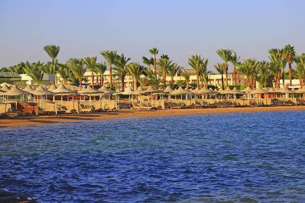 Strand mit Palmen und Hotel im Hintergrund, Jasmine Palace Resort & Spa