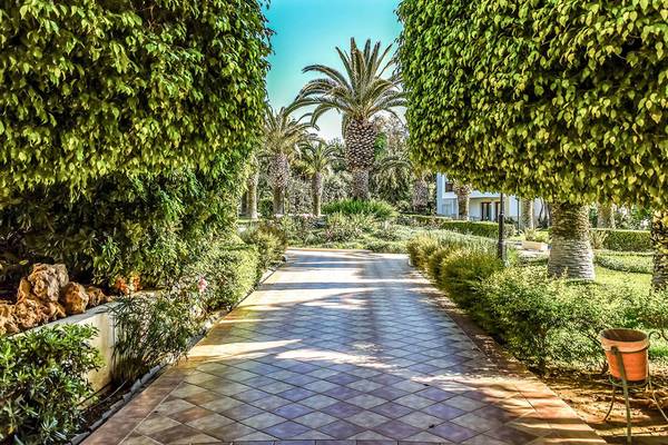 Gartenweg des Creta Royal Hotels mit gepflastertem Weg und hohen Bäumen.