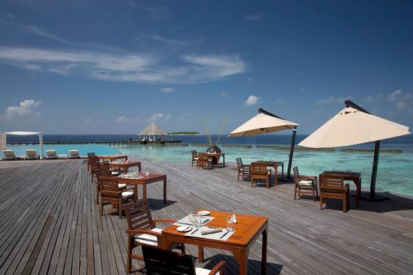 Coco Bodu Hithi Hotel Terrasse mit Blick auf den Ozean