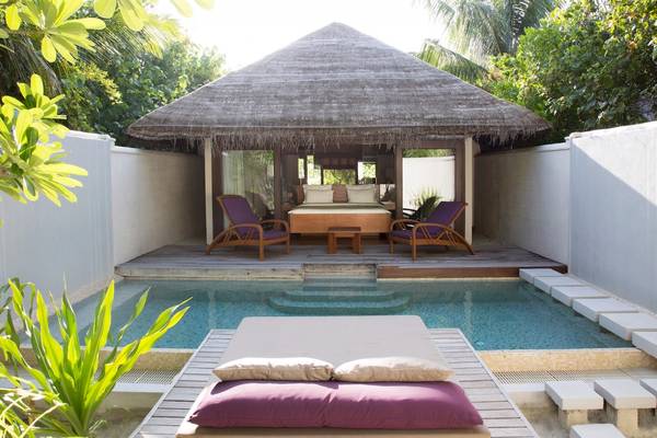 Coco Bodu Hithi Hotel Bungalow mit privatem Pool und Liegebetten davor.