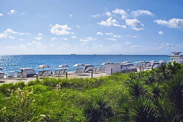 Strandszenerie mit Sonnenliegen und Sonnenschirmen am Fontainebleau Miami Beach