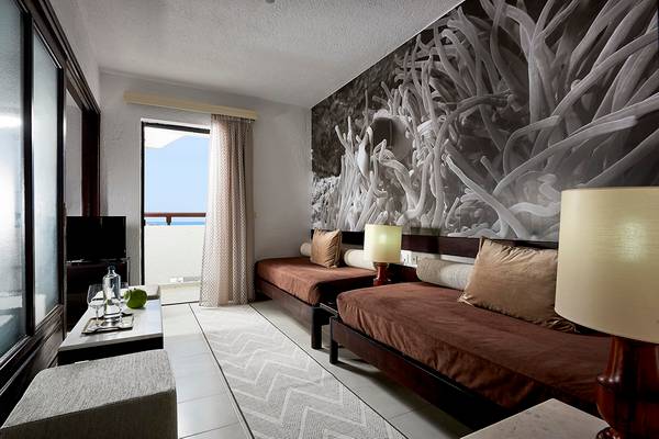 Innenansicht eines Hotelzimmers im Albatros Spa & Resort mit zwei Betten, einem Fernseher und einem Balkon.