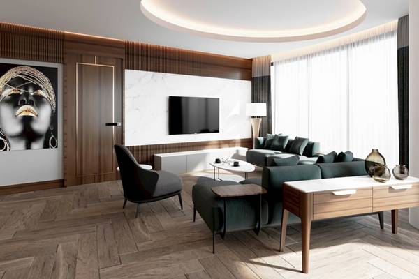 Modernes Wohnzimmer im Sherwood Exclusive Lara Hotel mit einem Fernseher, Sofas, Tisch und Dekor.