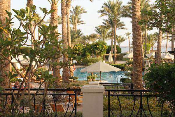 Außenpoolbereich des Pickalbatros The Palace Port Ghalib Hotels mit Palmen und Sonnenschirmen.
