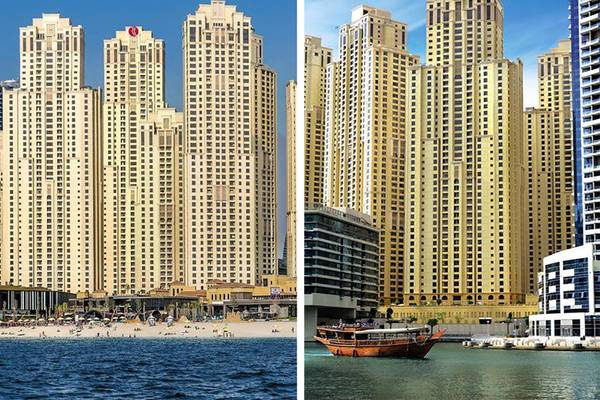 Delta Hotels by Marriott Jumeirah Beach in Dubai, zwei Hochhäuser mit vielen Fenstern und einer Promenade mit vielen Menschen.