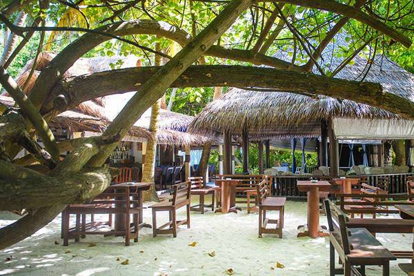 Außenbereich des Biyadhoo Island Resorts mit runden Strohdächern und hölzernen Tischen und Stühlen.