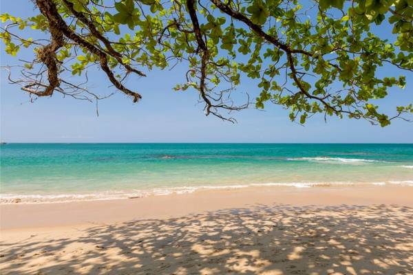 Sonnenschein am Strand des Eden Beach Khao Lak Resorts & Spa mit schattenwerfendem Baum