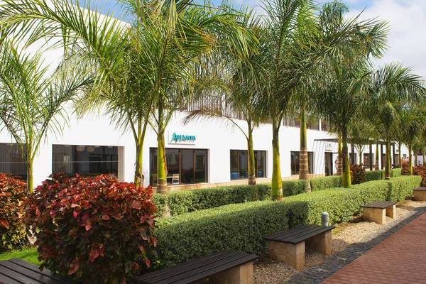 Außenbereich des Melia Dunas Beach Resort & Spa mit Palmen und Sitzbänken.