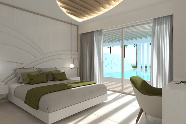 Innenansicht eines Schlafzimmers im Mayia Exclusive Resort & Spa mit Blick auf einen Pool.