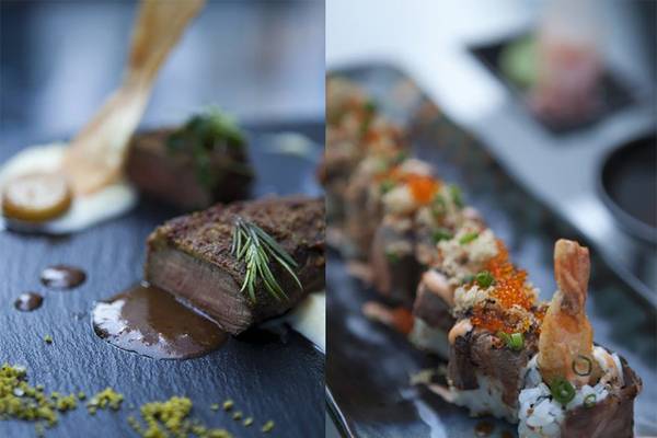 Zwei Gerichte vom Southern Sun Abu Dhabi: ein Steak und ein Sushi-Teller.