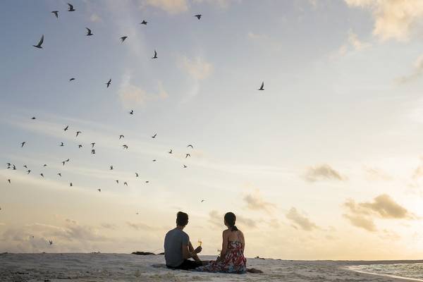 Paar auf dem Strand bei Sonnenuntergang, umgeben von Vögeln im Himmel