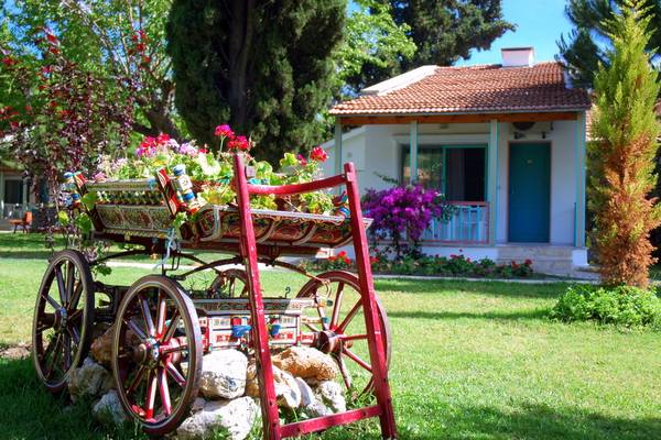 Ein bunter Blumenwagen vor dem Kustur Club Holiday Village Hotel.