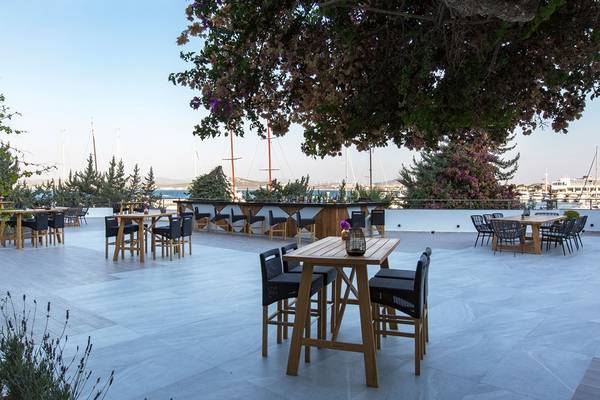 Terrasse des Altin Yunus Hotel mit Blick auf den Hafen, gesäumt von Bäumen und Pflanzen.