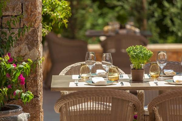 Gartentisch mit Dekorationen im Sani Club, einschließlich Pflanzen und Gläsern.