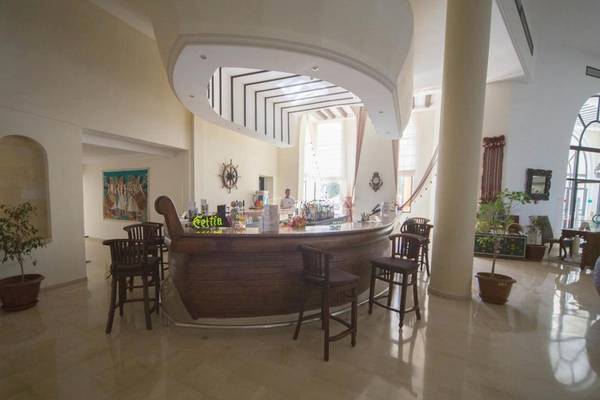 Innenansicht der Bar im Green Palm Hotel mit Holztresen, Stühlen und Pflanzen.