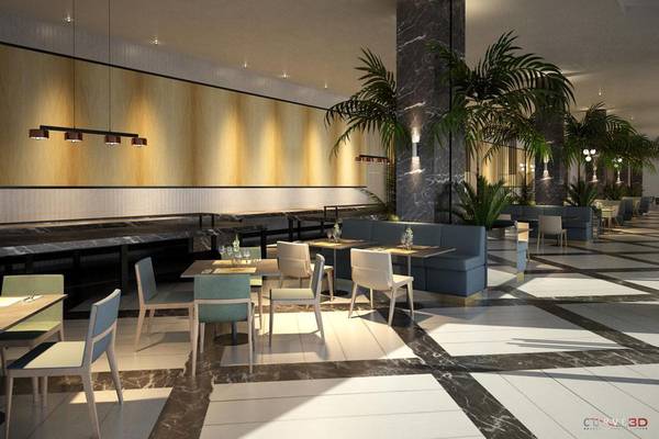 Innenbereich des Restaurants im NissiBlu Beach Resort mit Tischen, Stühlen und Pflanzen.