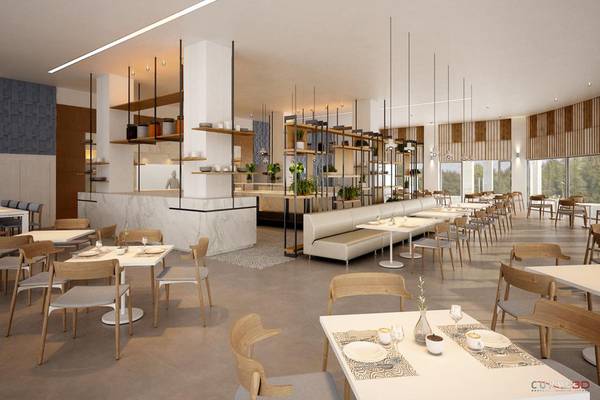 Innenansicht des Restaurants im NissiBlu Beach Resort mit moderner Einrichtung, großen Fenstern und Marmor-Bar.