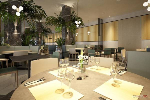 Innenansicht des Restaurants im NissiBlu Beach Resort mit Tischen, Stühlen und Pflanzen.