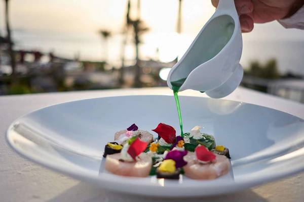 Elegantes Gericht im Minos Imperial Beach Resort wird mit grüner Sauce übergossen.
