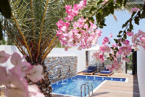Außenbereich des Minos Imperial Beach Resort mit einem kleinen Pool, Palme und Blumen