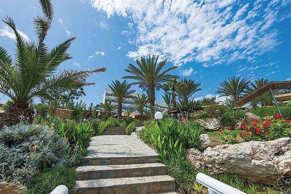 Eingangsbereich des Kristall Springs Strand Hotels mit Palmen und roten Blumen.