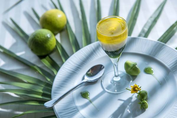 Getränke im Glas auf einem weißen Teller mit Limetten und Blumen
