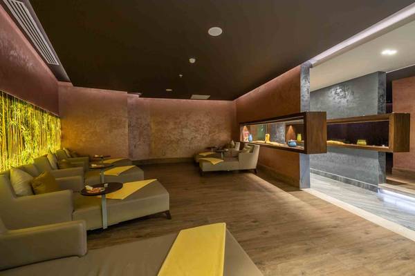 Innenbereich des Sidemarin Kirman Premium Hotels mit Loungebereich und gepolsterten Sesseln.