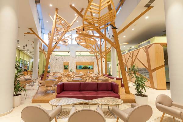 Innenansicht der Lobby im Blue Lagoon Resort mit modernen Möbeln und Holzelementen.