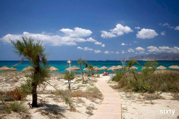 Strand von Plaza Beach mit weißen Sand, grünen Pflanzen, Sonnenschirmen und Menschen, die sich entspannen.