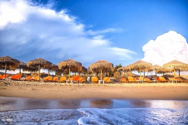 Strand des Plaza Beach Hotels mit Reihe von Orange Liegen und Sonnenhuten